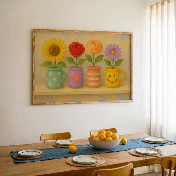 Pastel Flower Jar Wall Art Whimsical Shelf Print Colorful Impasto Kitchen Decor Happy Poster Cute Floral Printables