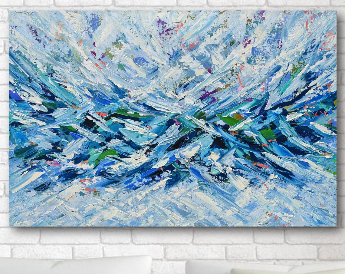 Blue Ocean Wave Abstract Palette Knife White Green Modern Art Poster