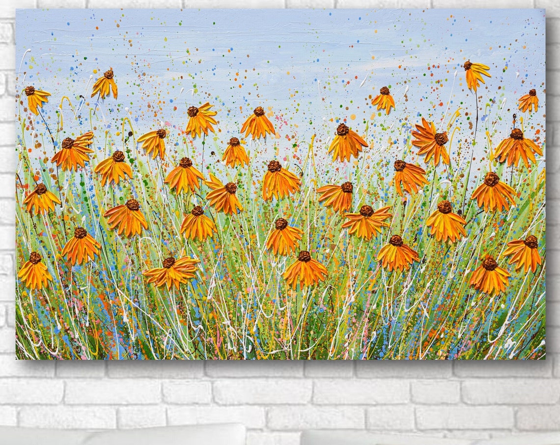 Yellow Coneflower Field Summer Blue Sky Splatter Textured Art Poster
