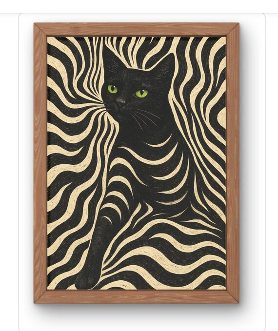 Psychedelic Black Cat Optical Illusion Wavy Stripe Art Print