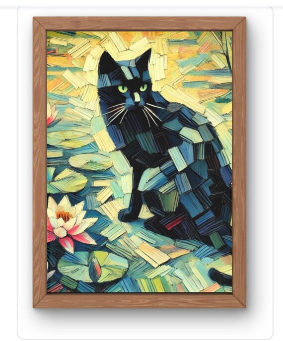 Black Cat Among Water Lilies Impressionist Style Pond Wall Art