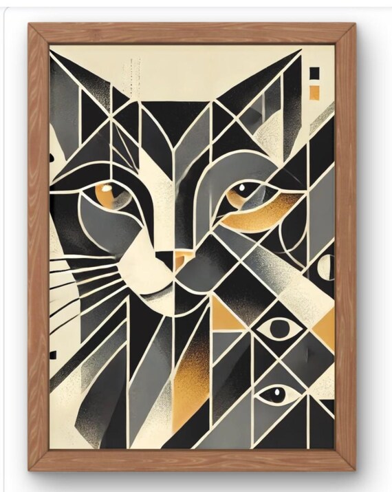 Cubist Cat Wall Art Bold Abstract Black And Gold Print Modern Geometric Animal Decor Beautiful Stament Piece Of