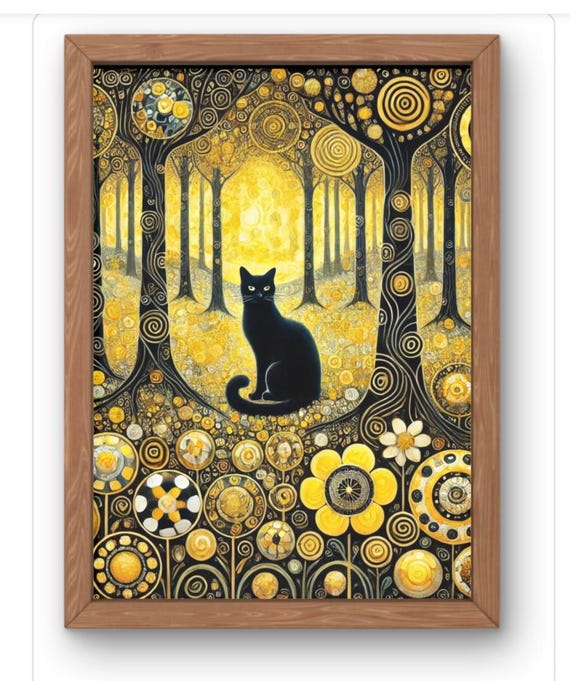Klimt Inspired Cat Art Print Golden Forest Black Wall Decor Whimsical Floral Illustraion
