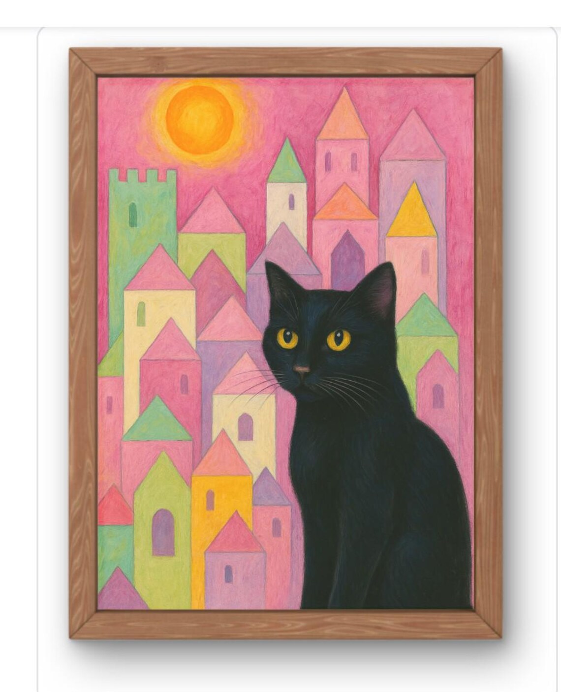 Black Cat in Colorful Pastel Village Whimsical Fantasy Art Print