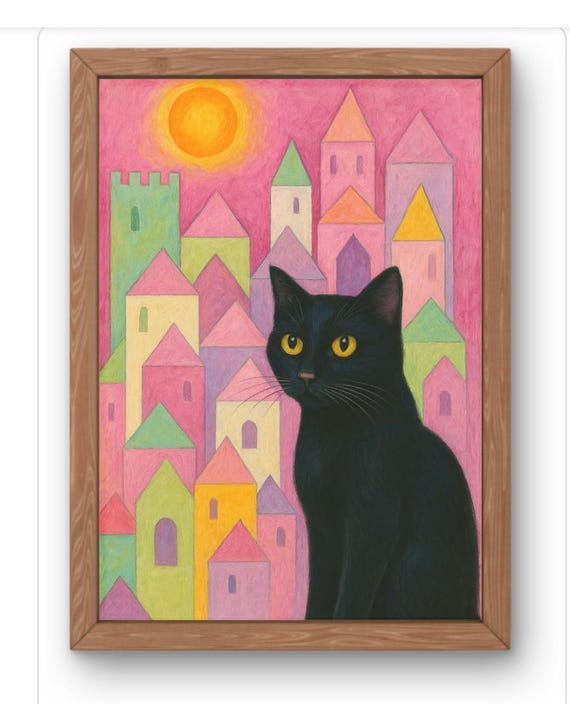 Black Cat Art Print Whimsical Colourful Village Wall Fantasy Illustration For Lovers Available In A5 A1