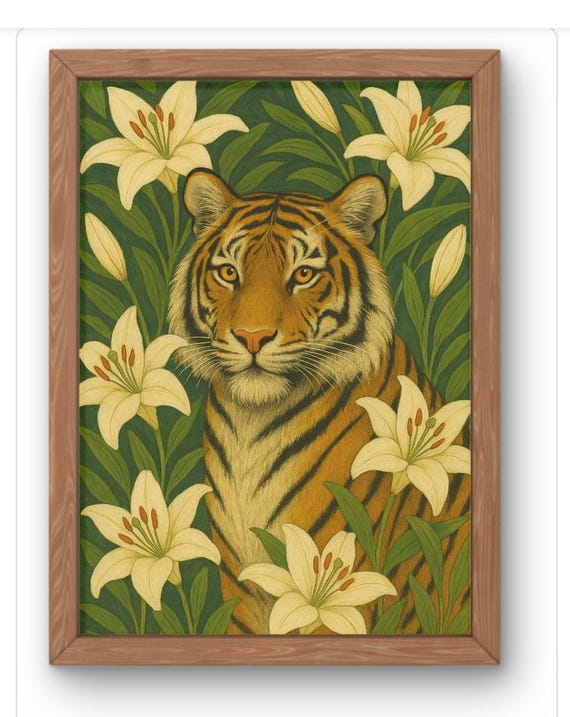 Tiger Wall Art With Lilies Botanical Jungle Cat Print Wildcat Floral Artwork Whiskers And Hues Big Illustration Available In A5 A1
