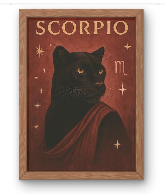 Scorpio Zodiac Wall Art Wild Cat Astrology Print Gift For Him Or Her Celestial Big Poster Water Sign Decor Available A5 A1