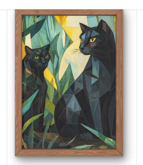 Geometric Black Cats Wall Print Abstract Jungle Feline Duo In Greens And Golds Modern Cat Art Work For Natureinspired Decor