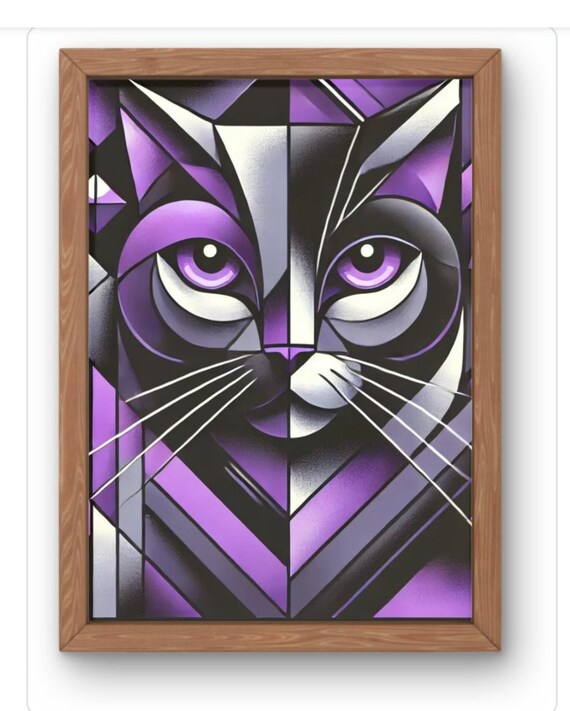 Purple Geometric Cat Face Stained Glass Style Violet Wall Art