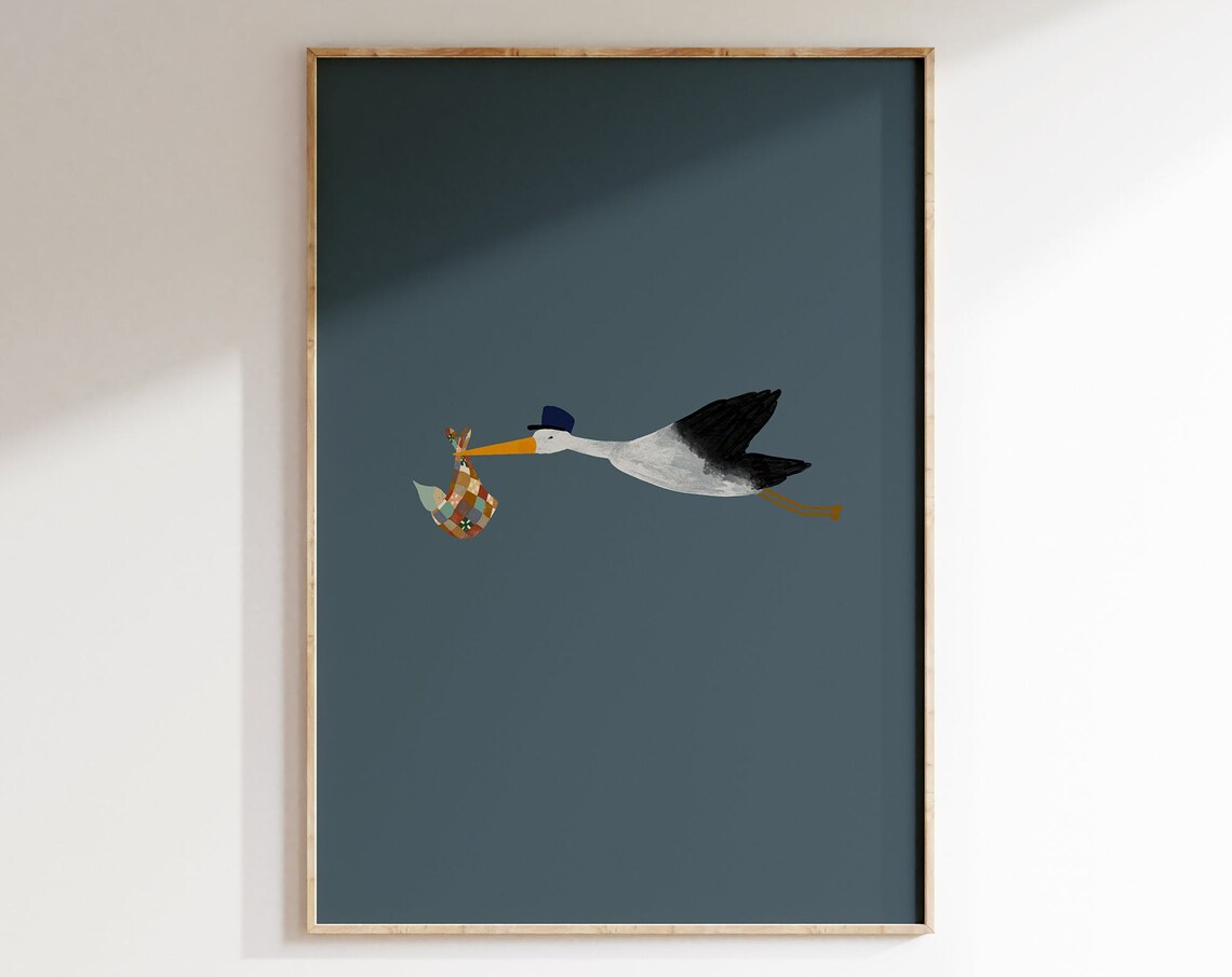Minimalist Stork With Baby Nursery Art Print