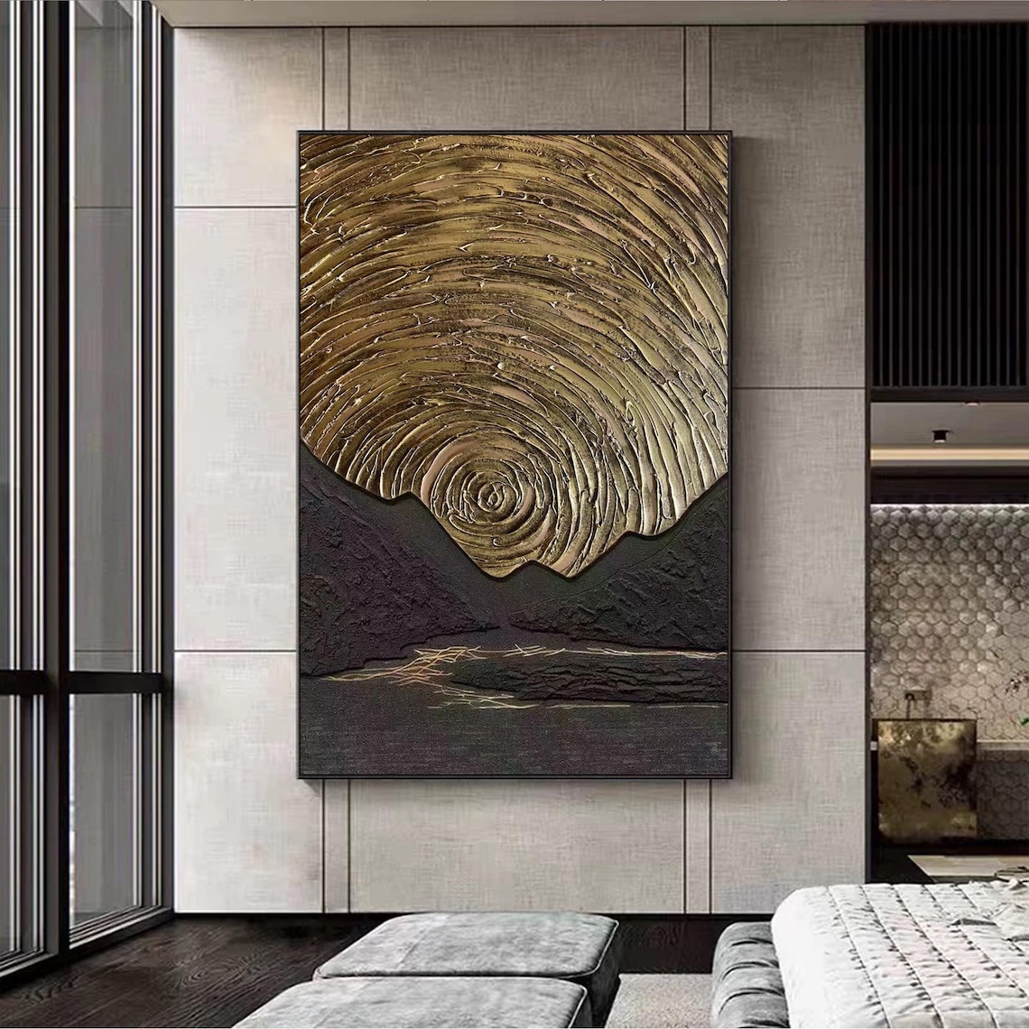Black And Gold Abstract Textured, Minimalist Painting