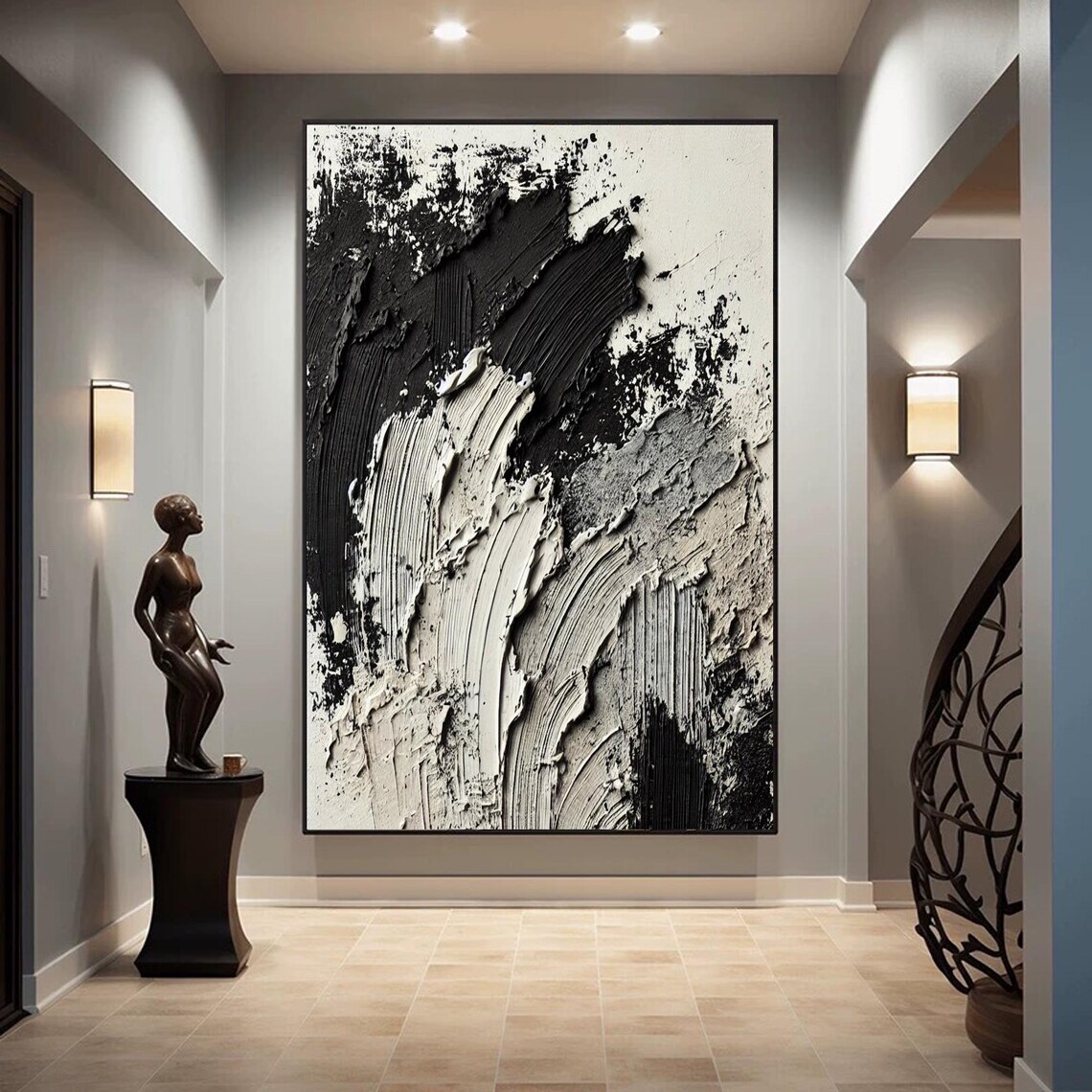 Black White Abstract Texture Painting, Minimalist - Image 2