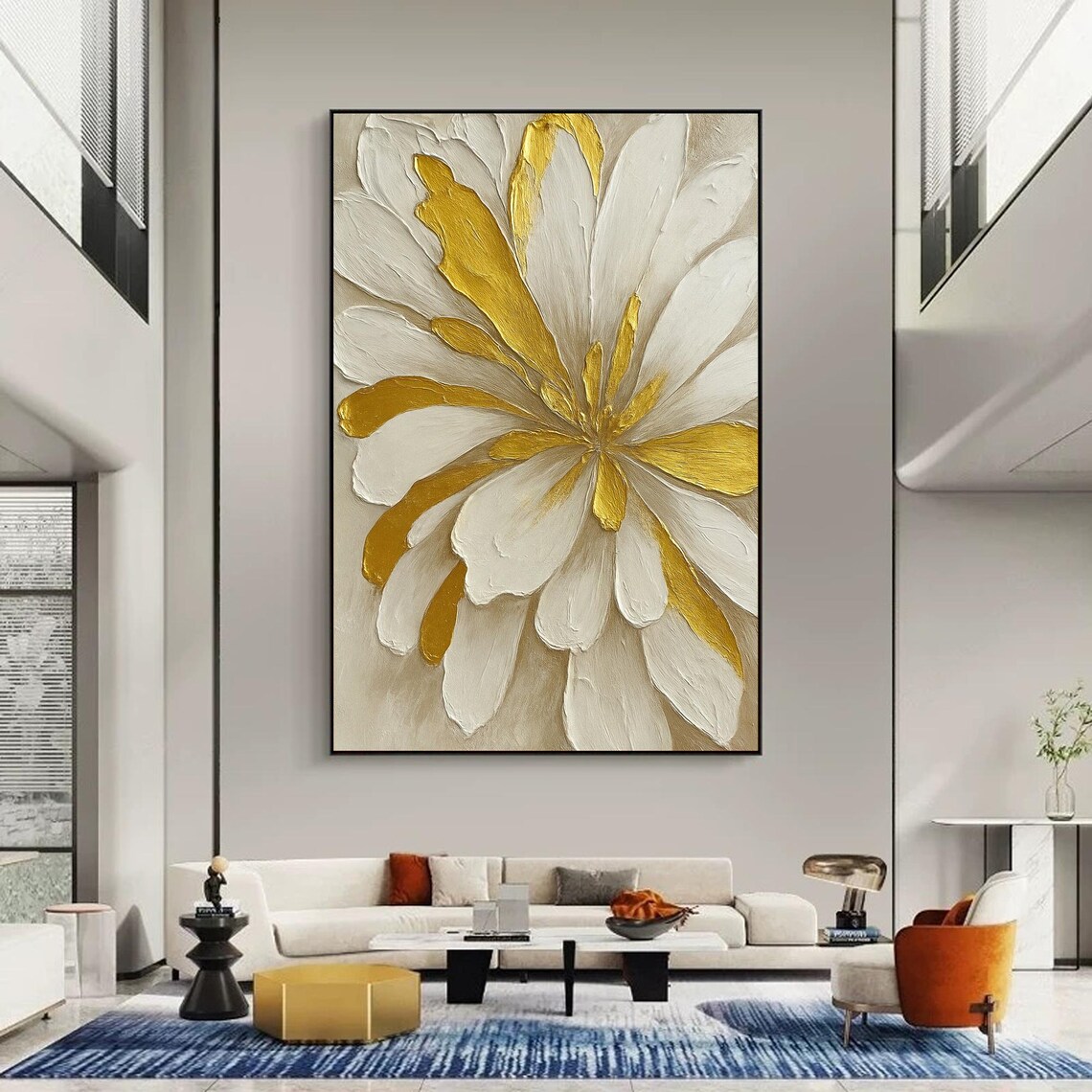 Gold White Floral Painting, Modern Neutral Decor - Image 2