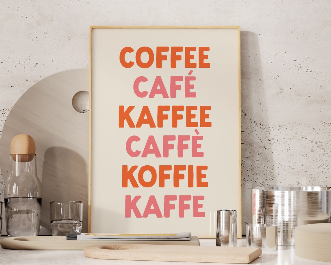 Coffee Multilingual Cafe Typography Kitchen Orange Pink Poster - Image 3