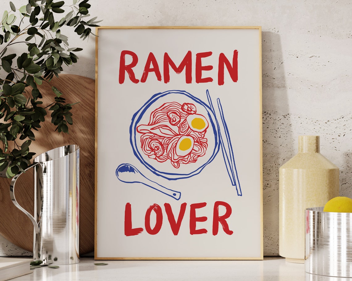 Ramen Lover Red Blue Noodle Bowl Sketch Japanese Kitchen Poster - Image 3