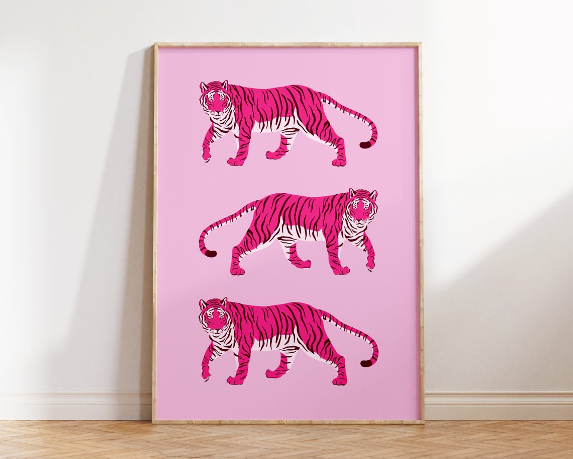 Pink Tigers Trio Bold Hot Pink Preppy Tiger Illustration Poster - Image 3
