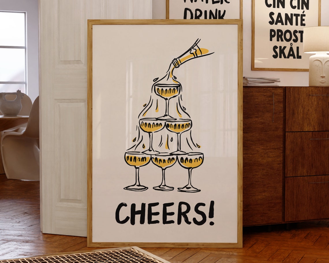 Cheers Champagne Tower Coupe Line Art Party Toast Bar Poster