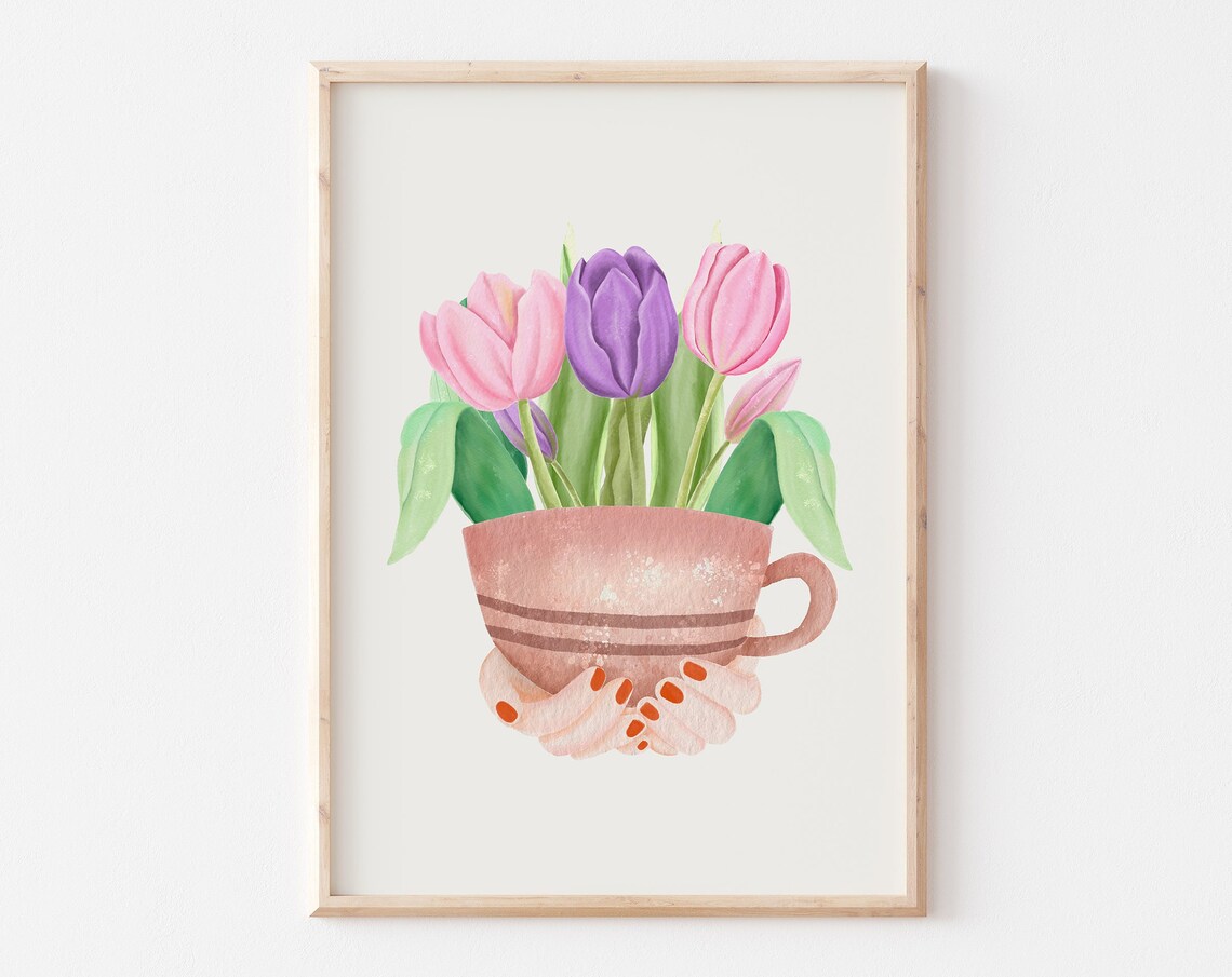 Pink and Purple Tulips in a Pink Teacup Watercolor Spring Poster