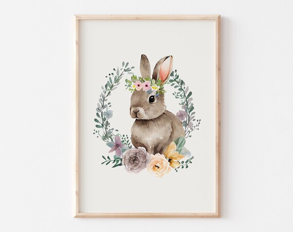 Watercolor Bunny With Flower Crown Inside Floral Wreath Poster