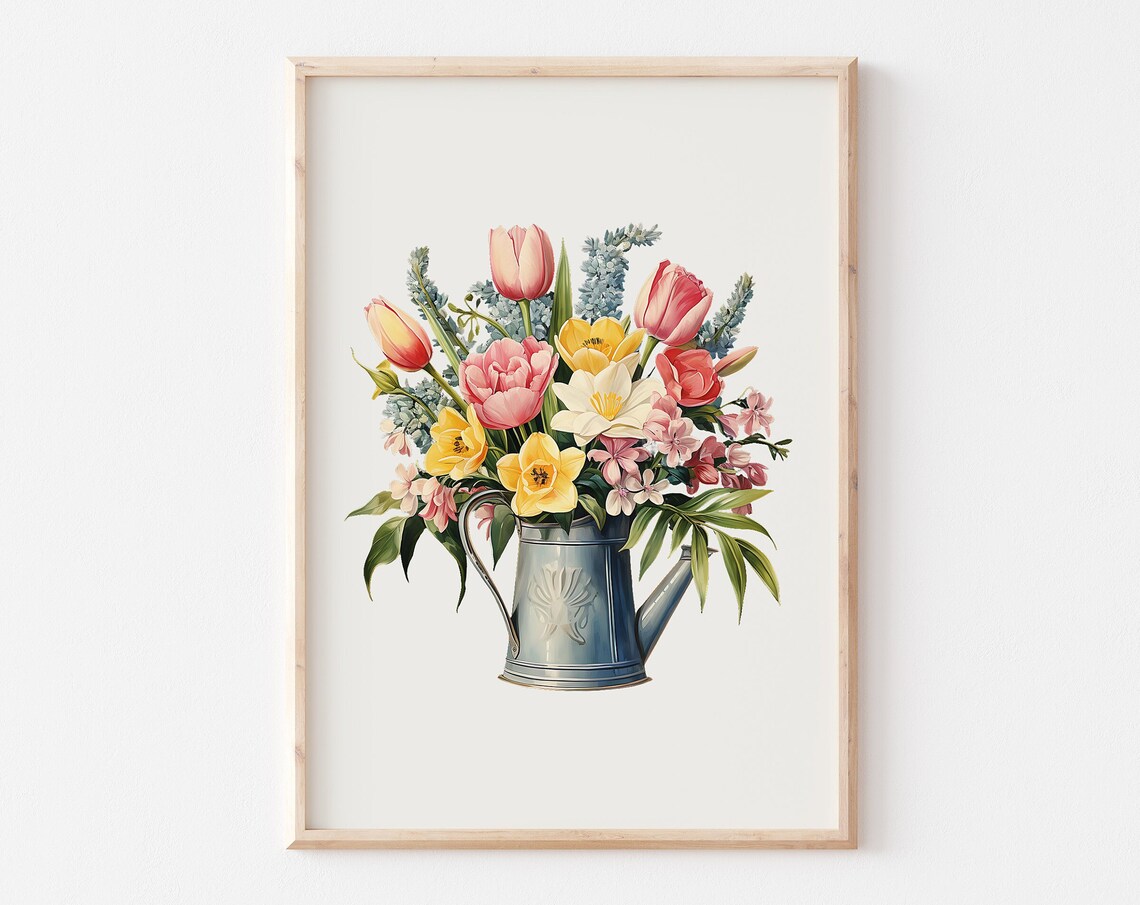 Garden Flowers In Blue Watering Can Spring Watercolor Flower Poster