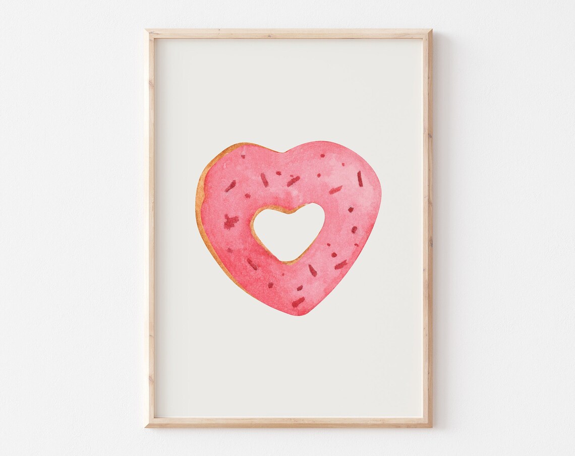 Pink Heart Shaped Donut Watercolor Valentine Treat Dessert Poster