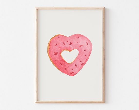 Pink Donut Print Trendy Valentines Day Wall Art Heart Donut Watercolor Painting Cute Pastel Minimalist Valentines Day Decor