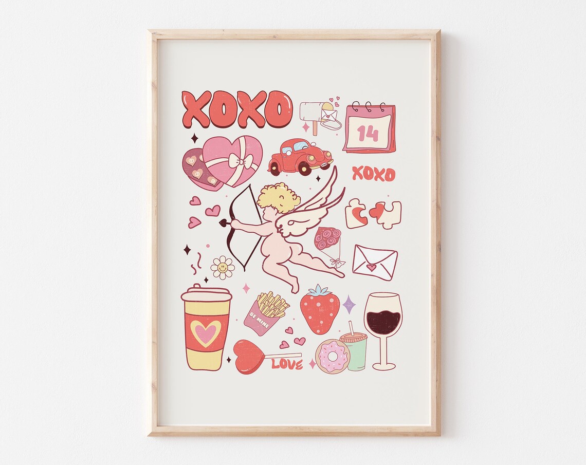 XOXO Retro Valentine Cupid Collage Art Poster With Heart Stickers
