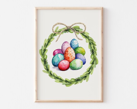 Colorful Easter Eggs In Green Leaf Wreath With Twine Bow Poster