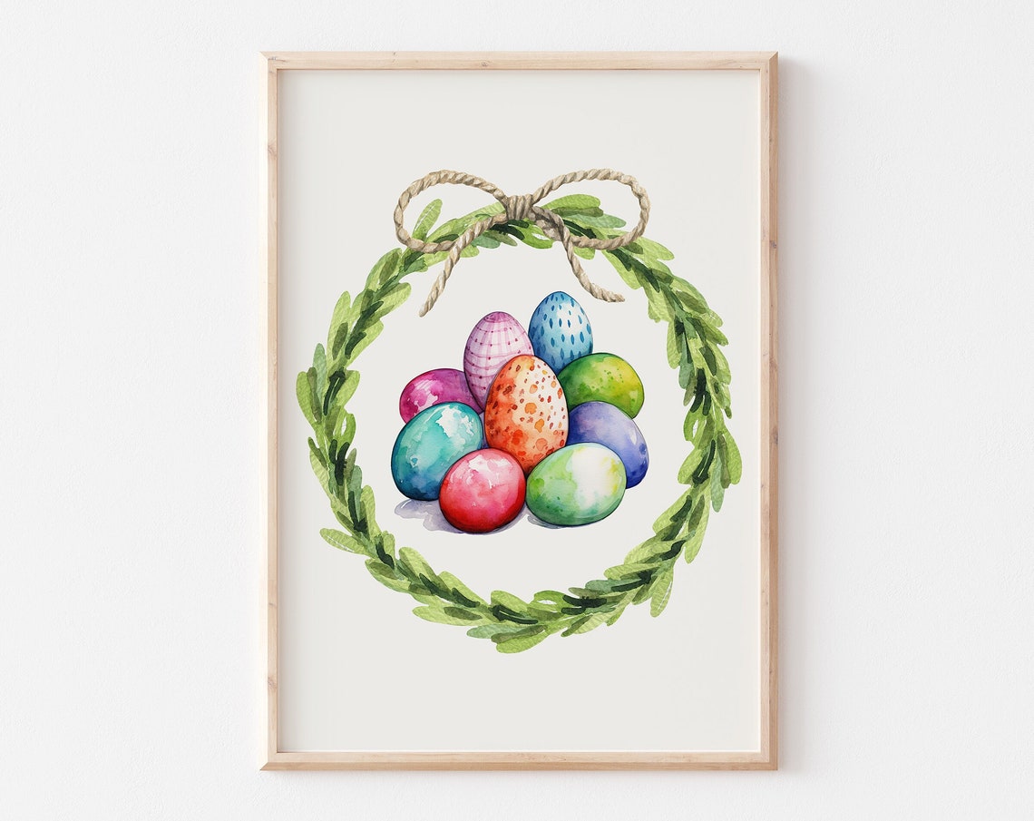 Colorful Easter Eggs In Green Leaf Wreath With Twine Bow Poster