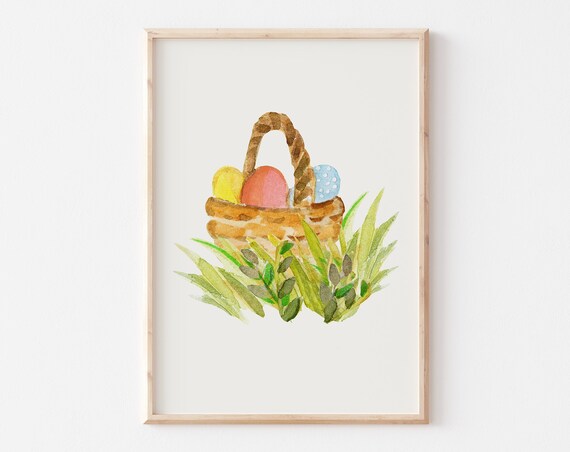 Watercolor Easter Basket With Eggs Resting In Green Grass Poster