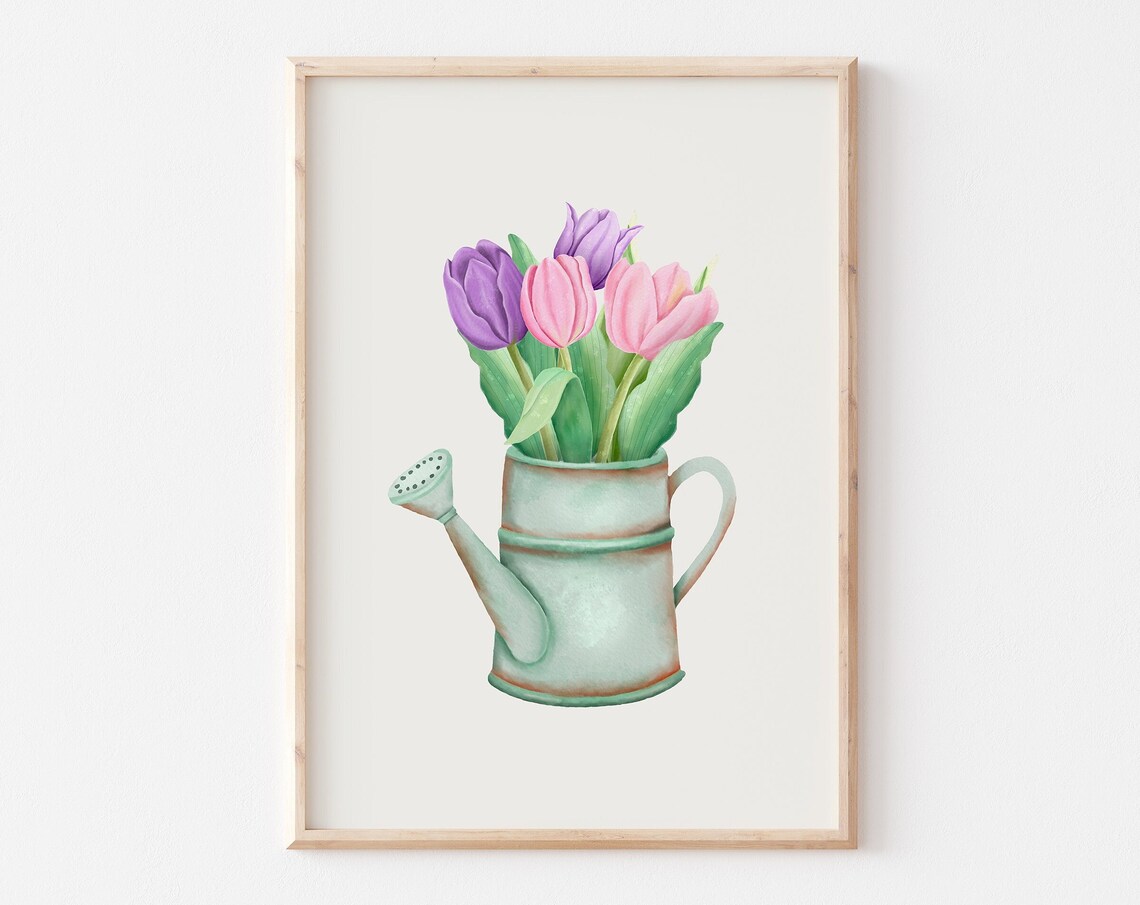 Pink And Purple Tulips In Watering Can Watercolor Flower Poster