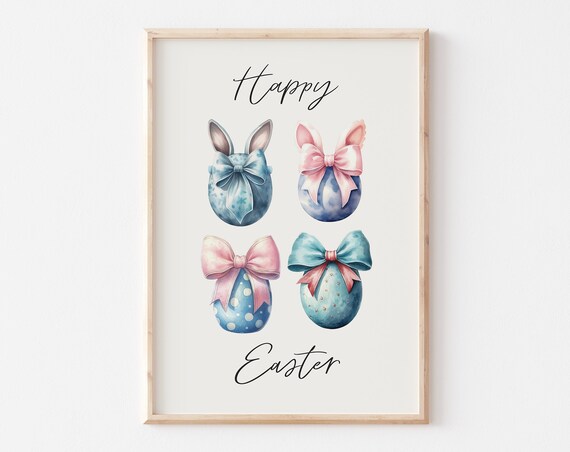 Happy Easter Bunny Ear Eggs with Pink Bows Watercolor Poster