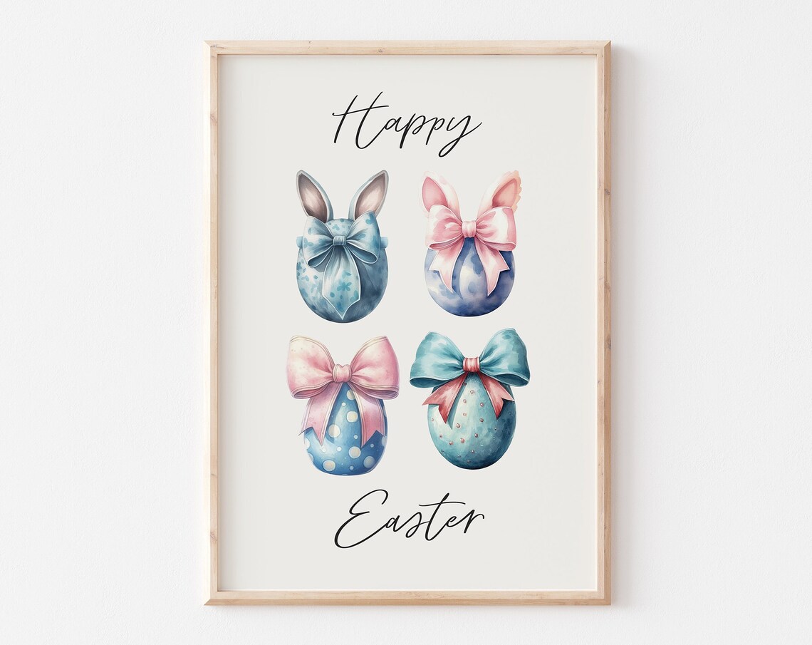 Happy Easter Bunny Ear Eggs with Pink Bows Watercolor Poster