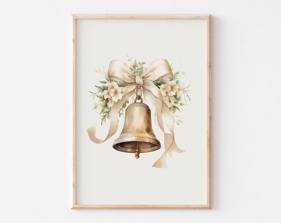 Watercolor Brass Easter Bell With Cream Bow And White Florals Poster