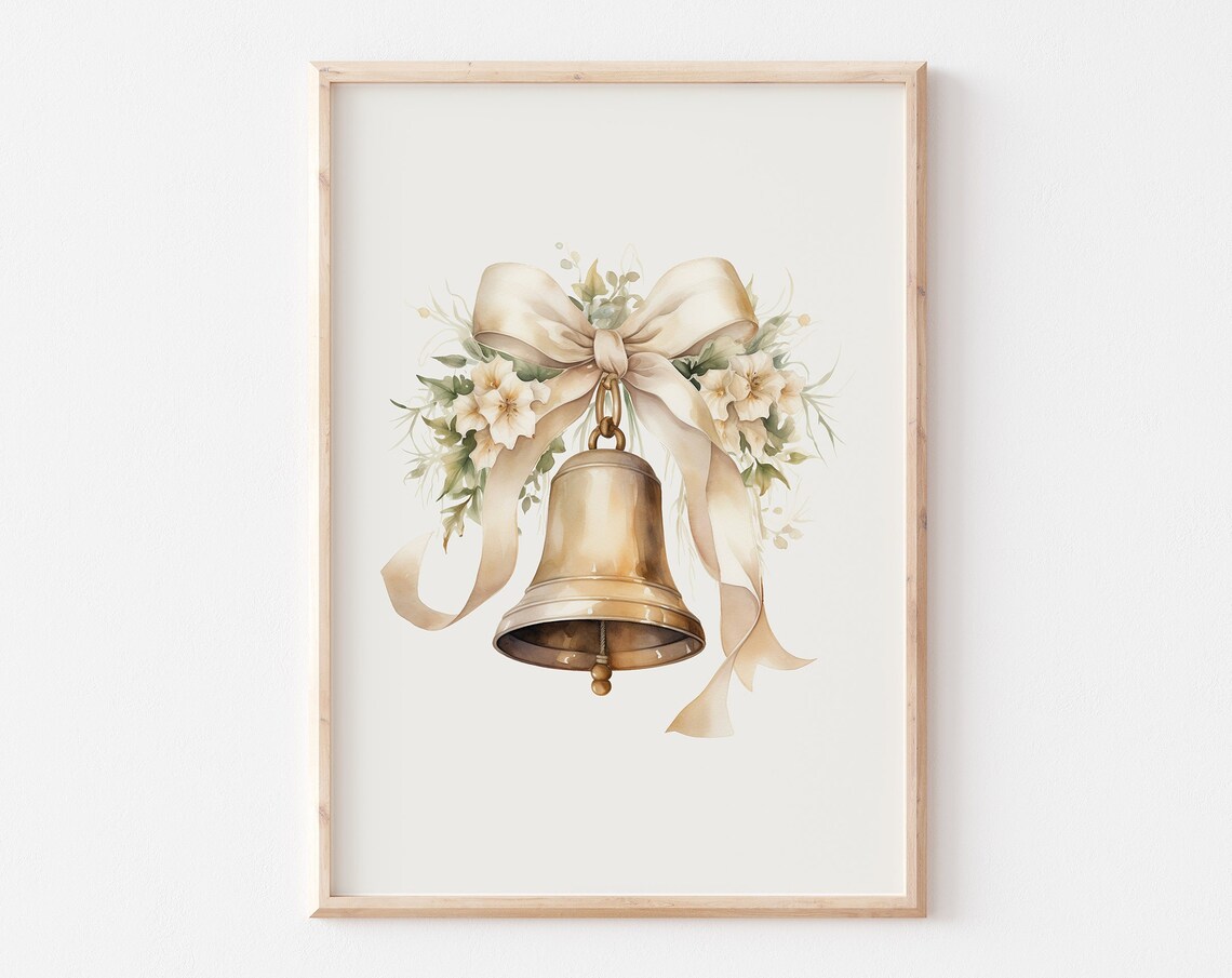 Watercolor Brass Easter Bell With Cream Bow And White Florals Poster