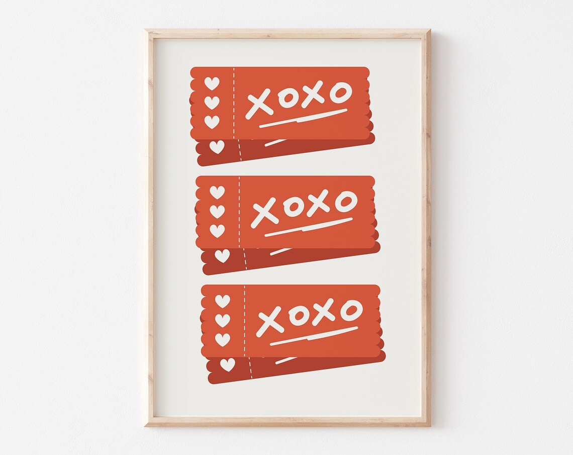 Red XOXO Love Ticket Stubs With Hearts Retro Valentine's Day Wall Art