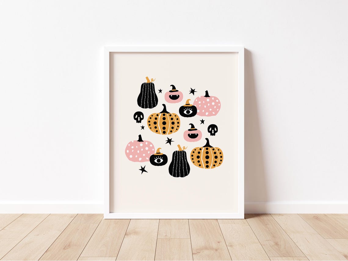 Cute Halloween Pumpkin Pattern Black Pink Orange Boho Art Print - Image 2