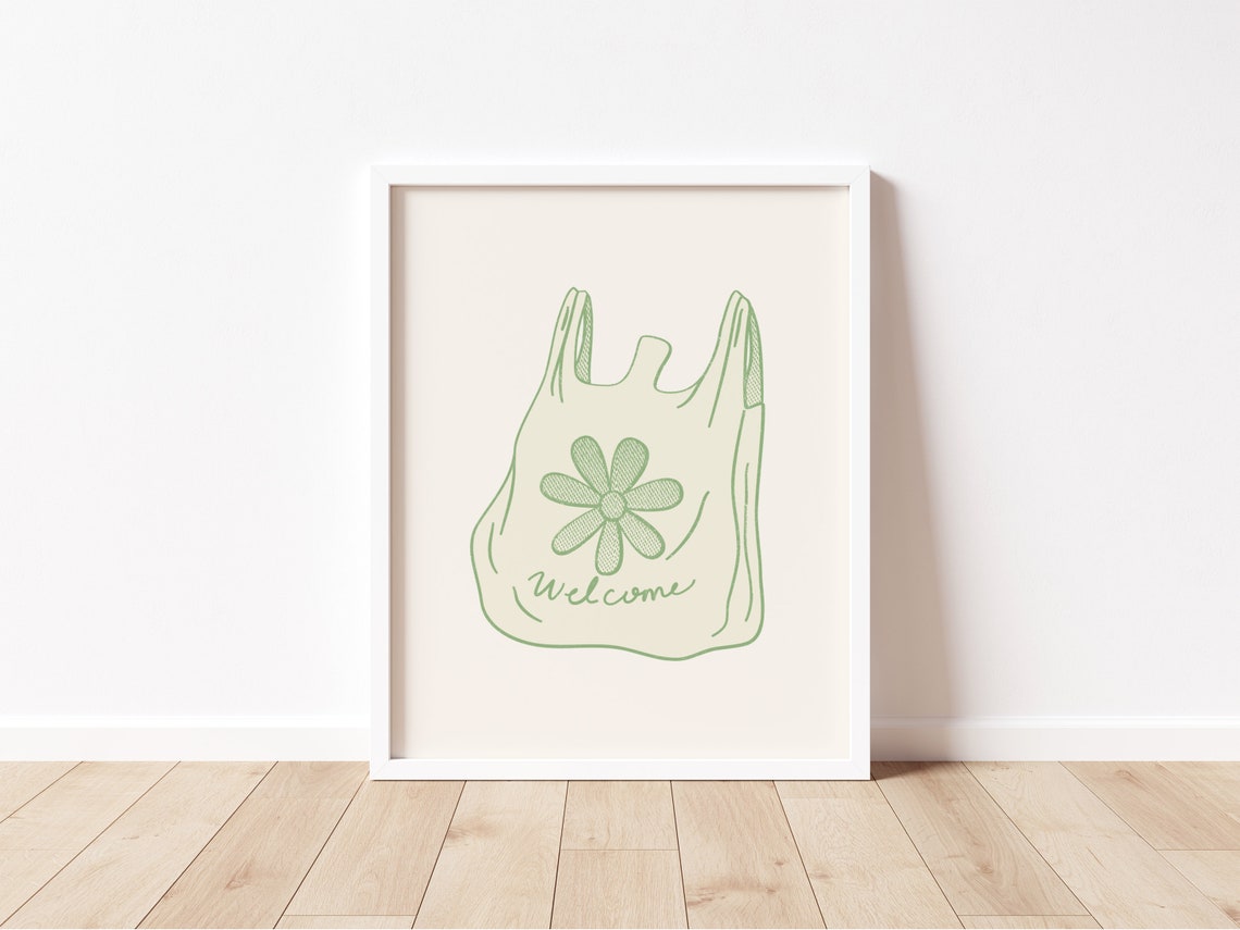 Welcome Daisy Plastic Shopping Bag Green Line Art Entryway Poster - Image 2