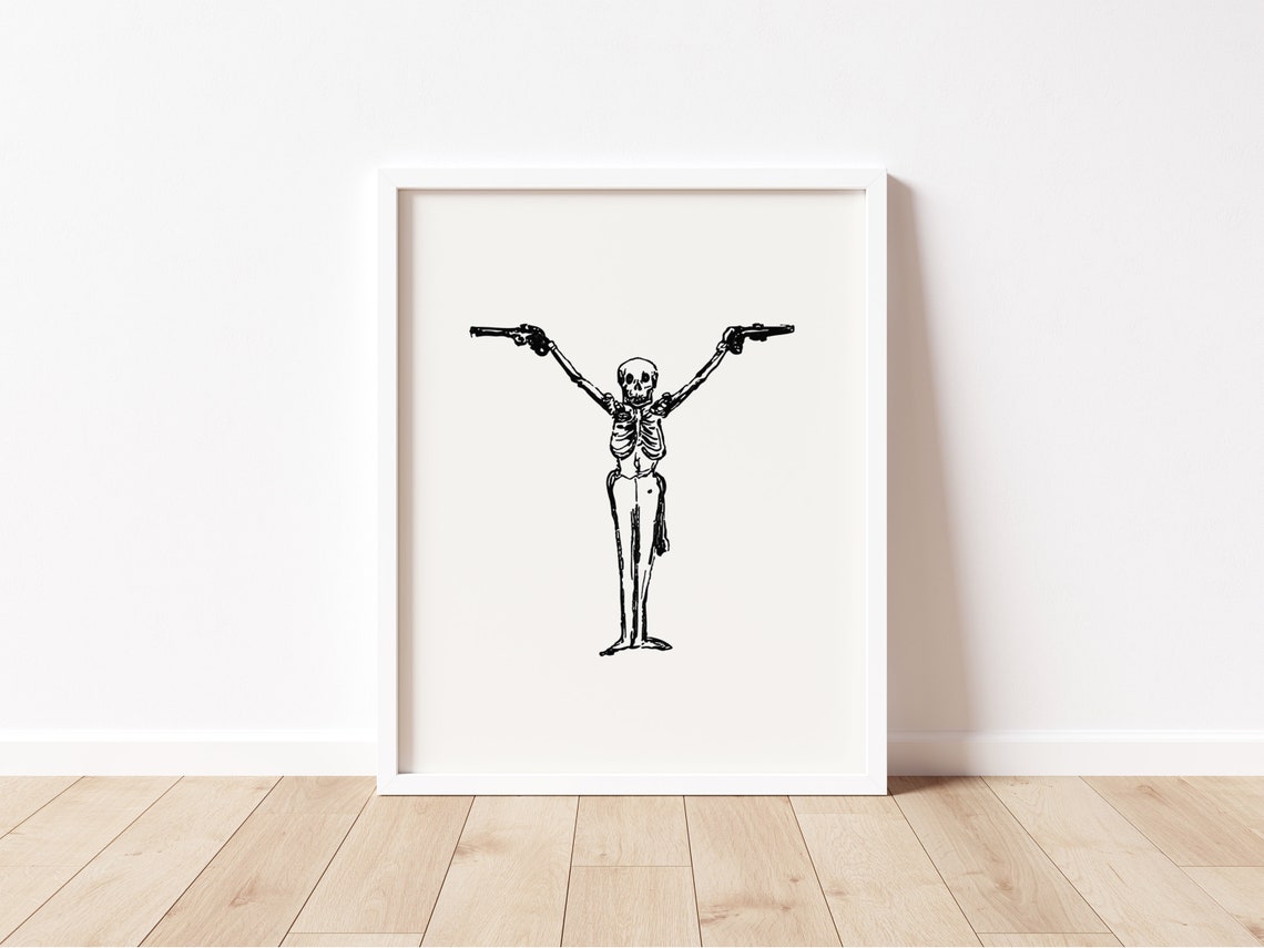 Spooky Skeleton Holding Pistols Black Line Art Cowboy Wall Print - Image 2