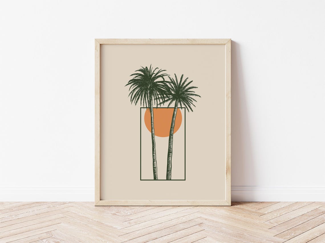 Palm Trees Sun Retro Boho Coastal Beach Minimalist Beige Wall Art - Image 2