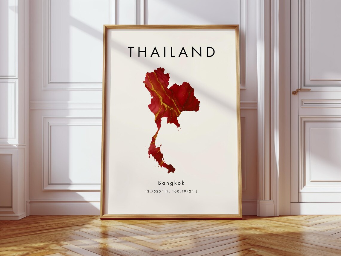 Thailand Map Poster, Red And Gold Asia Travel Print