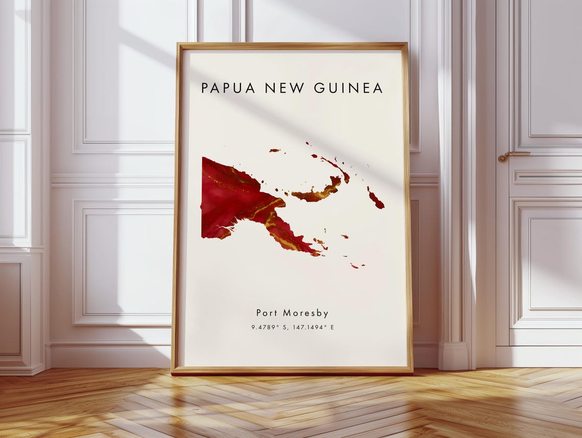 Papua New Guinea Red And Gold Map In Light Wood Frame Wall Art