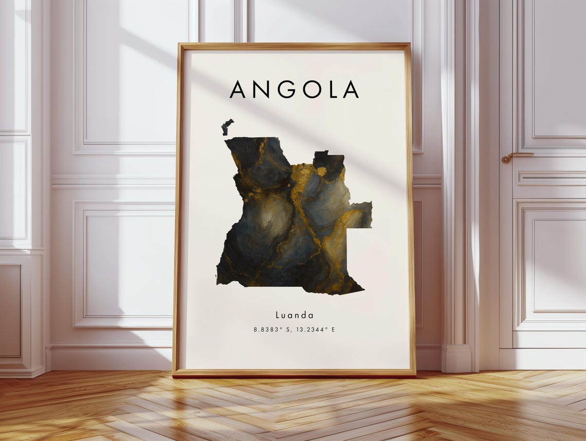 Angola Country Map Black Gold Marble Luanda Coordinates Travel Poster