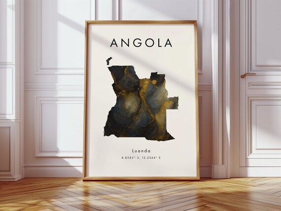 Angola Map Poster Black And Gold Africa Wall Art Print Home Decor Geography Gift Wallpaper