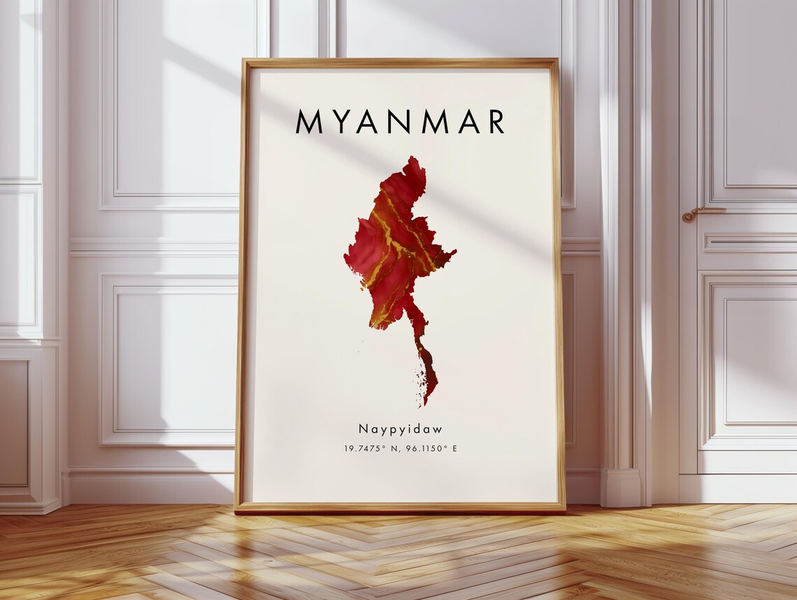 Myanmar Map Poster Red And Gold Asia Wall Art Print Home Decor Geography Gift Wallpaper