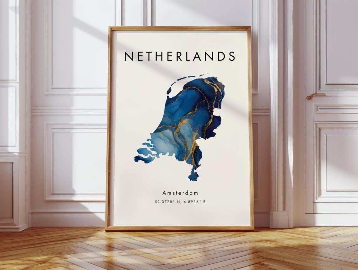 Modern Netherlands Amsterdam Map Blue Gold Marble Travel Poster