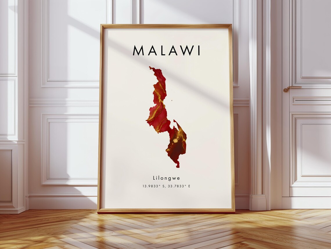 Malawi Map Poster Red And Gold Africa Wall Art Print Home Decor Geography Gift Wallpaper