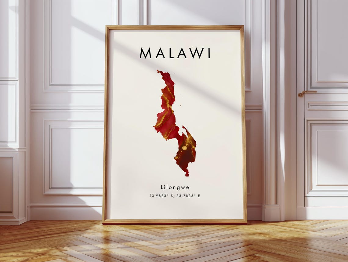 Malawi Red Gold Marble Country Map Lilongwe Cream Minimalist Art Print