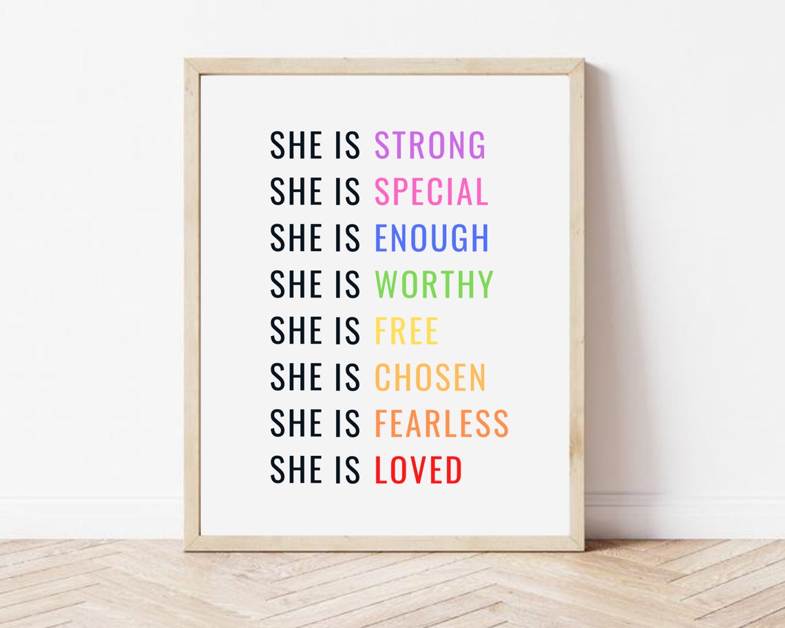 She Is Strong Print Girl Room Decor Girl Power Print Rainbow Girls Room Decor Girl Room Wall Art She Is Loved