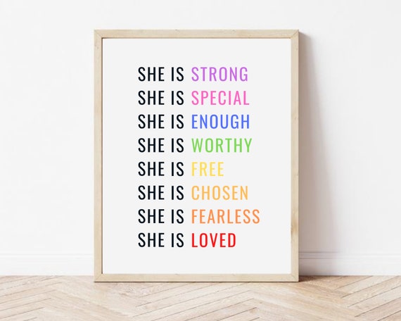 She Is Strong Print Girl Room Decor Girl Power Print Rainbow Girls Room Decor Girl Room Wall Art She Is Loved